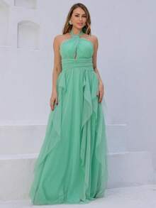 Long Party Dress For Wedding, Bridesmaid, Graduation In Plain Tulle With Cascade Skirt - Mint Green - View 2