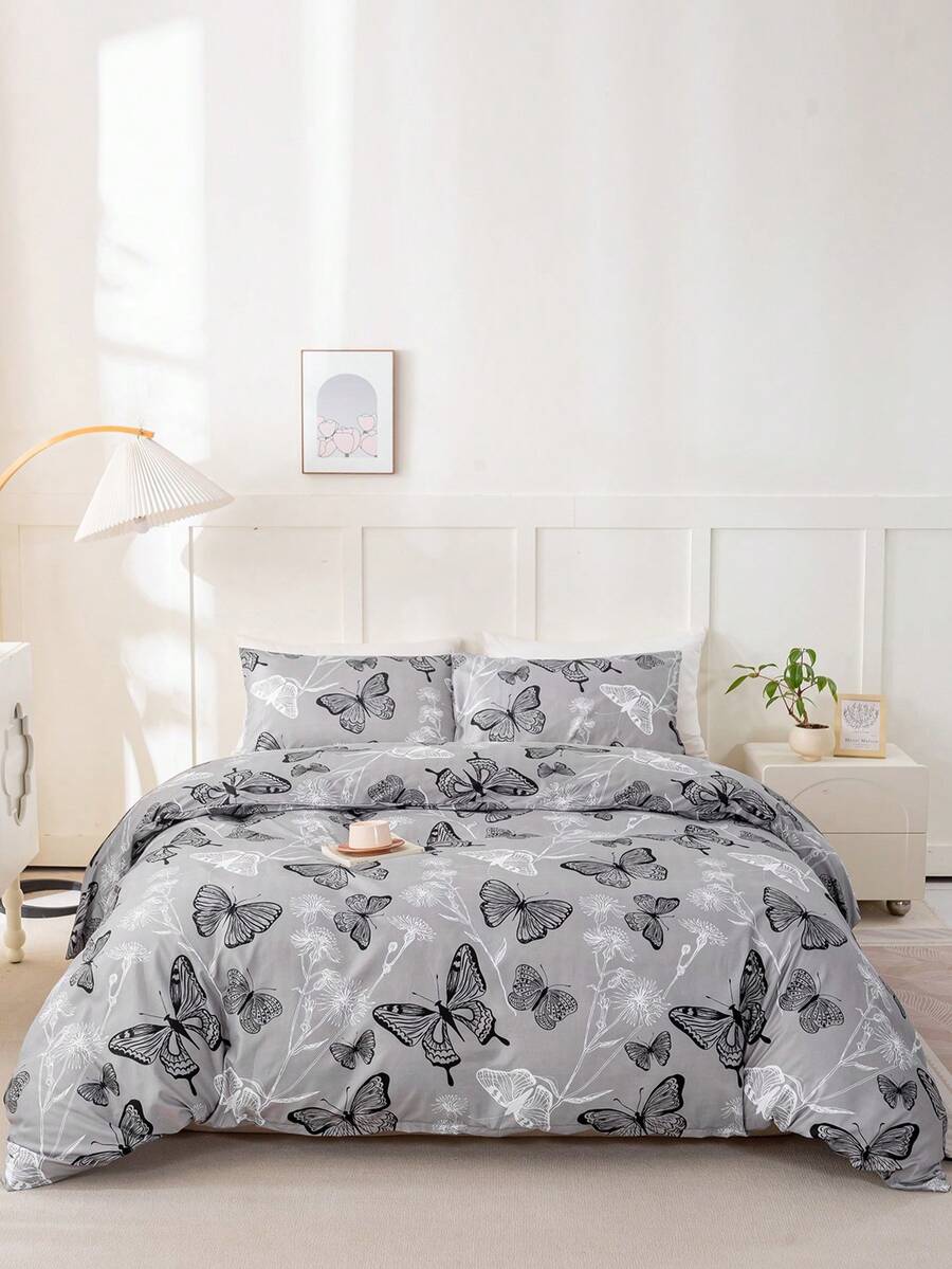 3pcs Butterfly Pattern Bedding Set (1 Duvet Cover And 2 Pillow Shams), Soft And Skin-Friendly, Suitable For All Seasons - Multicolor - View 1