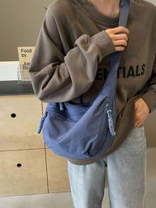 时尚彩色尼龙防水单肩包，简约休闲学院风，宽肩带，多拉链设计，适合学生、购物、日常使用、学校单肩包 - 藍色 - 查看 5