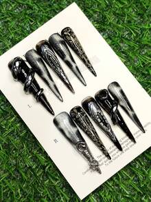 Handmade Wearable Nail Stickers, Press-On Fake Nails, Prehistoric Python Pattern, Cat Eye Effect, Snake Skin Pattern, Devil's Eye Pattern, Extra Long, Customizable, High-End Quality, Reusable. Nail Art Supplies - Multicolor - View 5