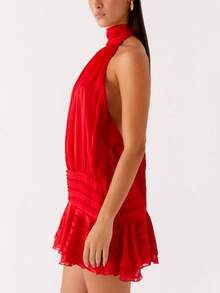 Women Pleated Halter Mini Dress Sleeveless Off The Shoulder Open Back Layered Ruffle Hem Bodycon Short Dress Summer Backless Ruced Tiered A-Line Going Out Dresses Party Club Beach Cute Dress