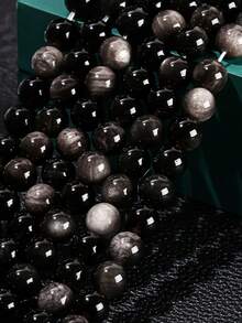 1 hebra de Obsidiana plateada de alta calidad Grado 5A, cuentas naturales de Obsidiana negra color plata, accesorios adecuados para joyería de moda de mujer, manualidades decorativas, elaboración de joyas DIY como pulseras y collares - Negro - Ver 5
