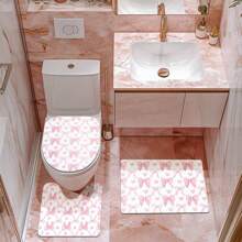 1/4pcs Pink Heart & Bow Bathroom Set, Includes Shower Curtain, Bath Mat, U-Shaped Toilet Lid Cover, Toilet Seat Cover, Fashionable Curtain/Shade, Waterproof, Machine Washable, No Drilling Required