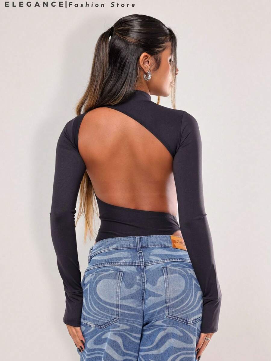 Long Sleeve Bodysuit With Asymmetrical Cut At The Back And Polyamide Finger Guard - 黑色 - 查看 1