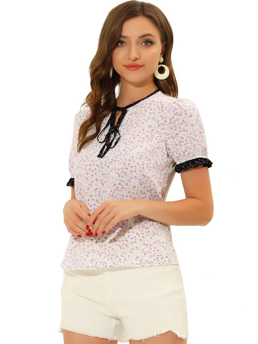 Women's Tie Neck Short Sleeve Floral Blouse Tops - 紫色 - 查看 1