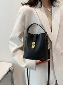 Women's Casual Crossbody Bucket Bag - Solid Color, Double-Layer PU Material Handbag, Magnetic Clasp, Adjustable Strap Shoulder Bag - Lightweight Design, Suitable For Commuter, Leisure And Dating, Simple Style, Wide Range Of Use - Black - View 7