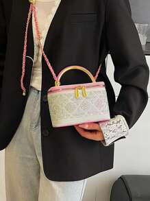 1pc Black Casual Versatile Handheld Mini Square Bag, Fashionable Embroidered Checkered Fabric, Suitable For Storing Phone, Lipstick, Coins At Work