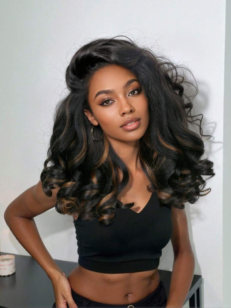 DUOZIMEI 22 Inch Mixed Brown African Curly U/V Part Wig, Fluffy Curly, Synthetic Fiber Fluffy Straight Hair, No Glue, Women Half Head Wig Without Clips