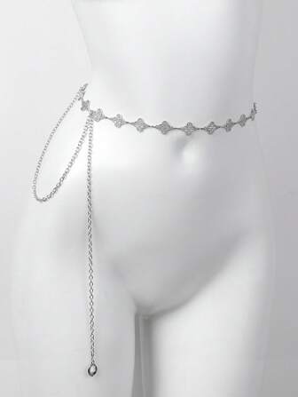 1 件时尚简约四叶草水钻合金腰链女士连衣裙配饰