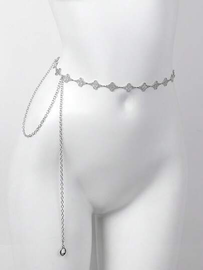 1 件时尚简约四叶草水钻合金腰链女士连衣裙配饰