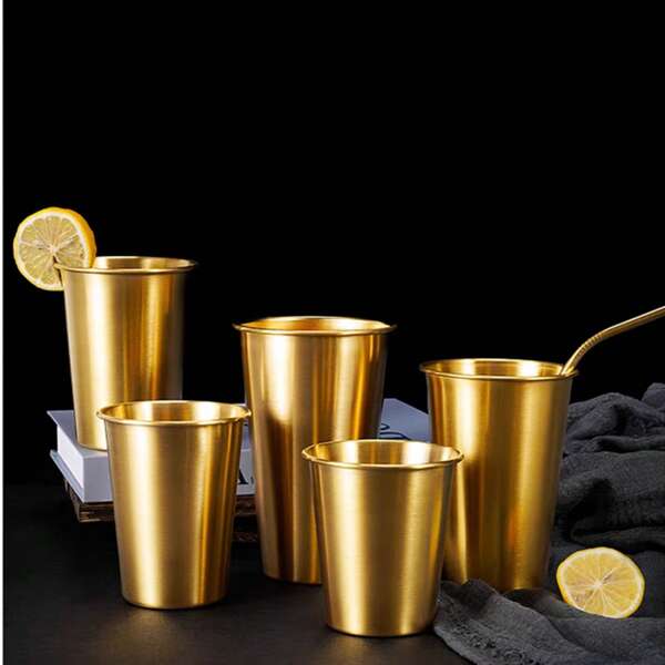 Copo para Beber de Camada Única em Aço Inoxidável Dourado, Disponível em Múltiplas Capacidades, Adequado para Bebidas Frias/Quentes, Pode Ser Usado como Xícara de Chá, Xícara de Café, Xícara de Chá com Leite ou Copo de Água, Aplicável para Casa, Restaurante ou Cafeteria
