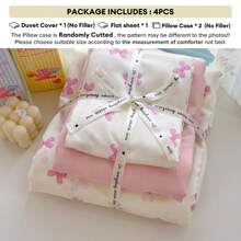 1 Set de 4 piezas de juego de ropa de cama blanco y rosa con moños, de tela suave, estilo femenino, adecuado para dormitorio, dormitorio universitario, todo el año (1 Edredón + 1 Sábana + 2 Fundas de Almohada), Fundas de Almohada con Corte de Patrón Aleatorio, Edredón no Incluido