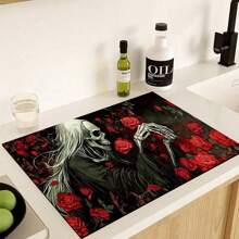 1 pieza Felpudo absorbente con estampado de esqueleto de Halloween para encimeras de cocina, tazones, platos, con alta absorbencia que oculta las manchas, con respaldo de goma, estera multifuncional para cafeteras, escurreplatos, utensilios de cocina