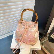 High-End Sequin Bamboo Bucket Bag New Niche Women's Bag Summer Popular Embroidery Straw Woven Crossbody Bag