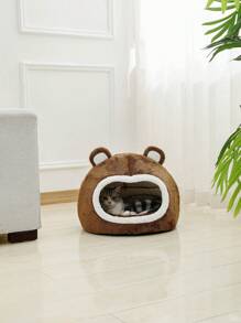 1 Peça Cama Fofa e Respirável de Pelúcia com Formato de Urso Fofo, Adequado para Gatos Pequenos e Médios, 4 Estações