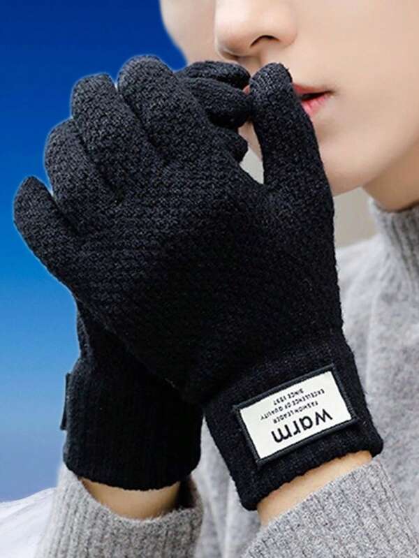 1 paire, Gants en laine pour hommes, Noël, Halloween, noirs, gris, hiver, étudiant, résistants au froid, chauds, mignons, , cinq doigts, épaissis, extérieur, cyclisme, alpinisme, doublure polaire, chauds, confortables, résistants au froid, résistants au gel, coupe-vent, pour le travail
