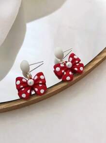 1 par de pendientes personalizados de moda con estampado de lunares rojos y moños multicolor, adecuados para niñas, uso diario y fiestas