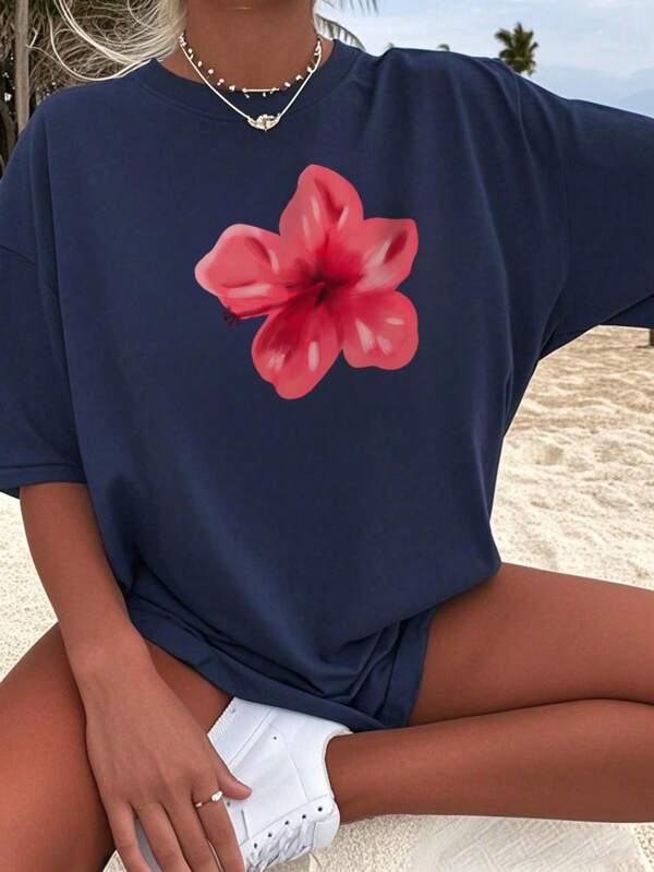 Tricou de vară cu mânecă scurtă și guler rotund, bleumarin, casual, pentru fete și adolescente