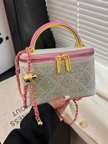 1pc Black Casual Versatile Handheld Mini Square Bag, Fashionable Embroidered Checkered Fabric, Suitable For Storing Phone, Lipstick, Coins At Work
