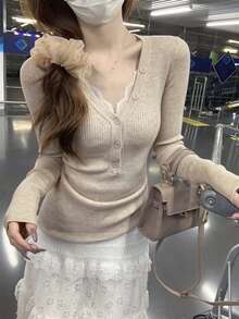 半开领纽扣修身长袖针织毛衣上衣，韩版，秋冬 - 燕麥色 - 查看 2