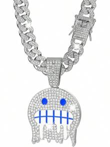 Men's Shiny Cuban Chain Necklace, Miami Style Silver Plated Gold Plated Shiny Necklace, Hop Necklace - 藍色-微笑銀色 - 查看 1