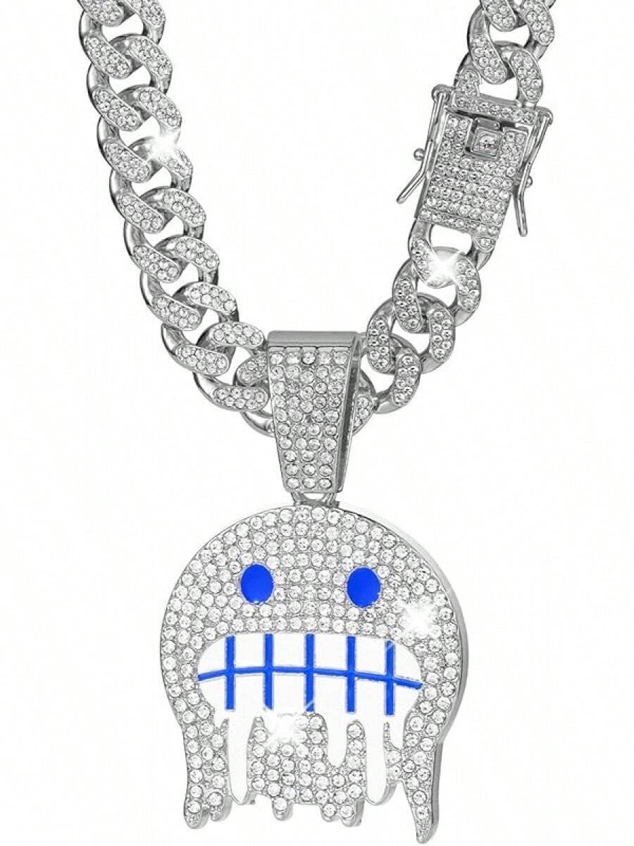 Men's Shiny Cuban Chain Necklace, Miami Style Silver Plated Gold Plated Shiny Necklace, Hop Necklace - 藍色-微笑銀色 - 查看 1