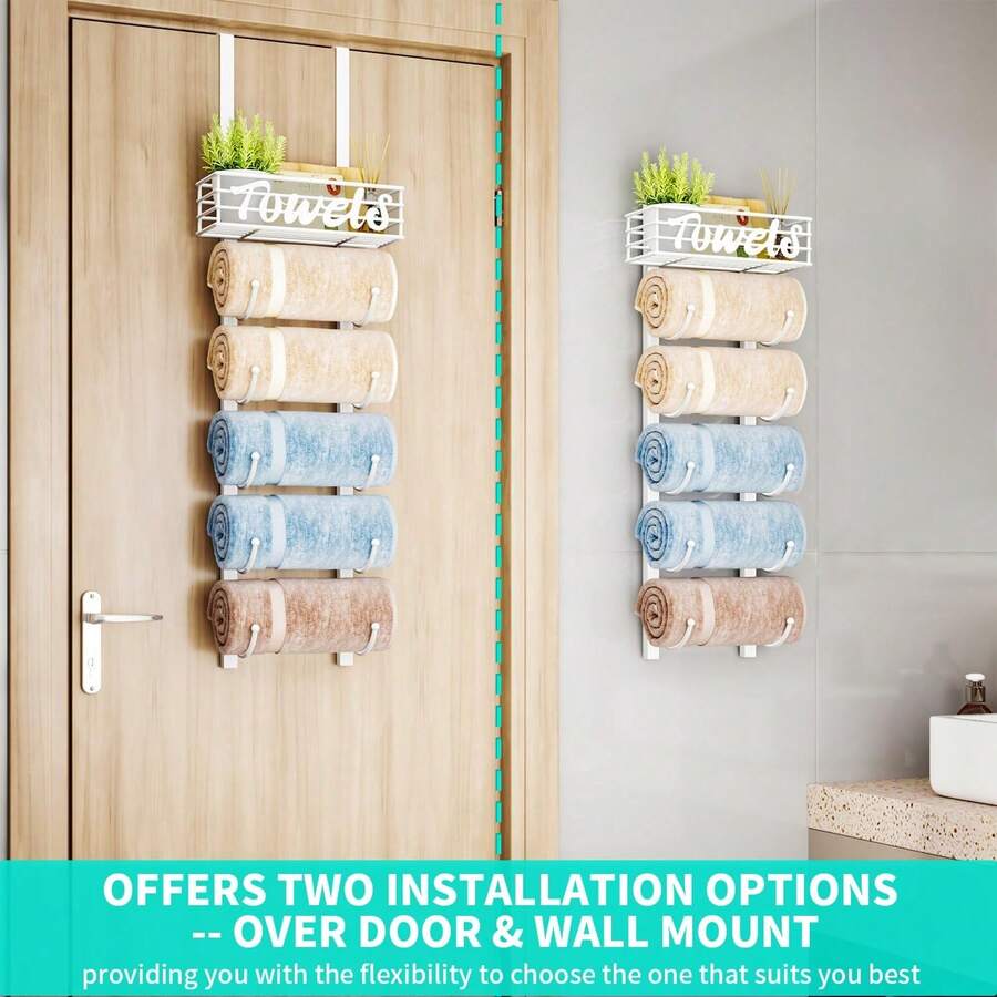 HapiRm Bathroom Towel Rack Holder - 6-Tier Over The Door & Wall Mount Rolled Towel Storage Organizer With Metal Shelf Basket For Small Bathroom, Camper, Rv - Black, Patented - 白色 - 查看 1