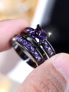 2 件复古公主方形切割紫色合成锆石镀黑戒指套装，适合节日派对、日常佩戴、四季皆宜 - 紫色 - 查看 6