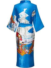 DandyChic Women's Long Floral Satin Robes Imitation Silk Sleepwear Bridal Dressing Gown For Bridesmaid Nightgownhalloween - 藍色 - 查看 7