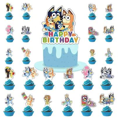 Bluey 25pcs/Set Bluey Bingo Anime Cartoon Happy Birthday Toy Gifts For Birthday Party Cake Dessert Cupcake Top Cute Decorations,Party Birthday Bruy Theme Decoration