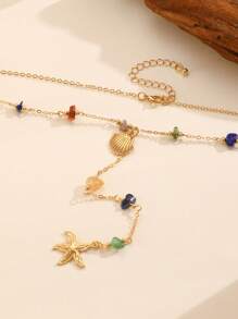 1pc Elegant Randomized Colored Stone Chain, Starfish Shell Pendant, Y-Necklace, Women Fashion Jewelry Suitable For Beach Vacation