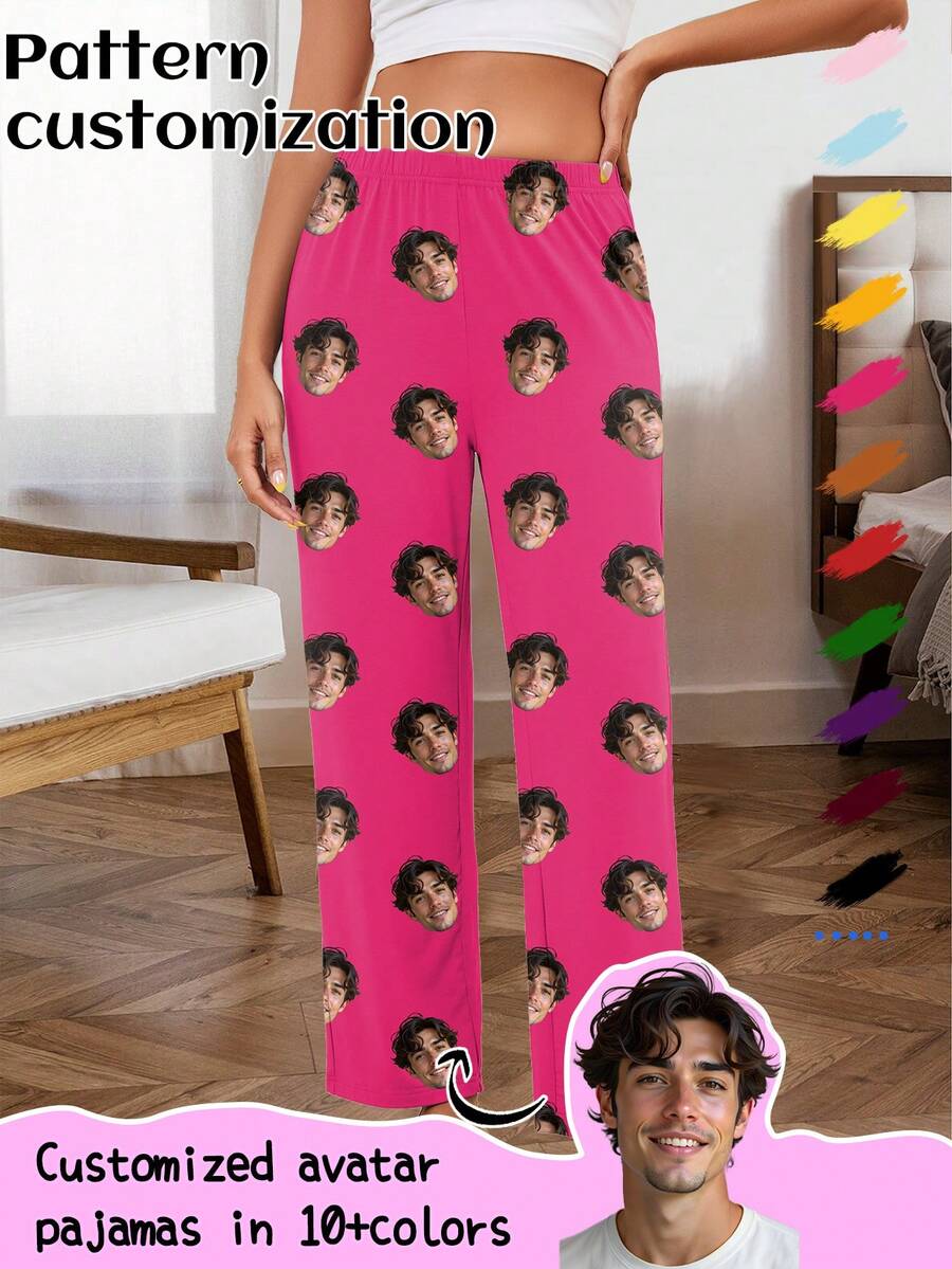 Pantalones largos cómodos y únicos personalizados para mujer, pantalones de pijama divertidos con estampado de foto personalizado en tonos neutros, patrón personalizable de tres cabezas