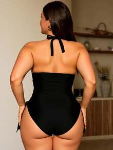 Swim Chiccia Summer Beach Plus Size Solid Color One-Piece Swimsuit With Drawstring