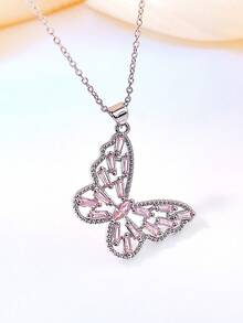 2 件时尚优雅粉红锆石铜蝴蝶项链吊坠 - 款式1 - 查看 3