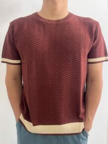 Maglione da uomo marrone a maniche corte lavorato a maglia con scollo rotondo, motivo a spina di pesce, crema a contrasto, bordi colorati su polsini e orlo, comodo ed elegante per l'uso quotidiano e casual.