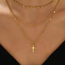 1 pieza Colgante de cruz multicapa de acero inoxidable chapado en oro de 18K, hipoalergénico y resistente a la decoloración, adecuado para uso diario, vacaciones, regalo de cumpleaños