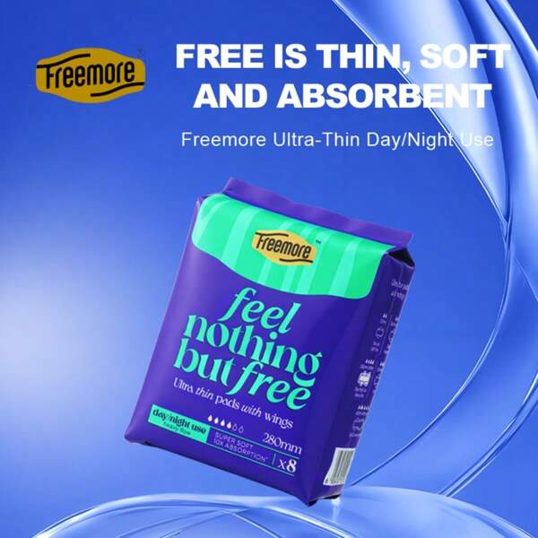 FREEMORE 24pc/32pc Freemore Ultra Thin Day/Night/Extra Overnight Use Sanitary Napkin(240mm&280mm&430mm),Free Is Thin,Soft And Absorbent,Colorful Wrappers – Beautiful, Fresh, And Free Every Day