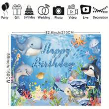 1pc Cartoon Sea Animals Birthday Theme Dolphins Turtles And Other Sea Creatures Design Background Cloth Birthday Party Cake Table Decoration Banner Portrait Photography Background Vinyl