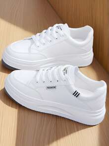 Tenis de Mujer Casuales y Cómodos: Zapatillas Deportivas de PU con Cordones, Suela Antideslizante, Ideales para Fitness, Running y Uso Cotidiano - Blanco - Ver 1