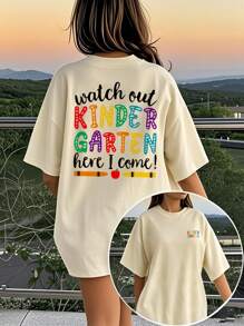 1pc Back To School Girls Casual Graphic Print Round Neck Short Sleeve T-Shirt, Summer Student Outfit - Crayon & Pencil Sketch Minimalist English Letter Style T-Shirt To Inspire Imagination And Self-Expression
