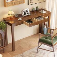 ENPKLUTE Solid Wood Desk With Drawers - 39 X 16 Inch Narrow Desks, Mid Century Modern Desks, Rubber Wood Study Table, Small Writing Desk For Bedroom|Small Spaces, Natural - 核桃 - 查看 2