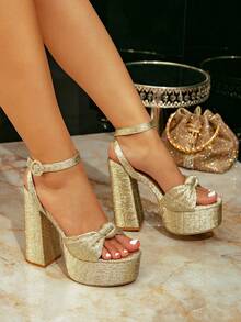 女士新款百搭性感俱乐部防水厚底超高跟凉鞋，夏季 - 金色 - 查看 3
