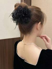 1Pc Peony & Feather Tassel Hair Claw | Elegant Party Hair Clip For Women, Perfect For Gatherings & Festivals