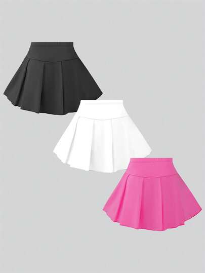Conjunto de 3 piezas de falda pantalón con estampado de lazo y pliegues, estilo casual escolar para niñas, otoño/invierno