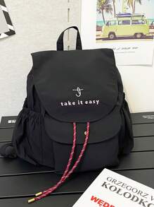 1 Pc New Style Girls' And Boys' Letter Print Nylon Backpack, Drawstring Closure With Adjustable Straps, Casual Versatile Sporty Design For School, Outdoor Activities, And Gifts For Friends