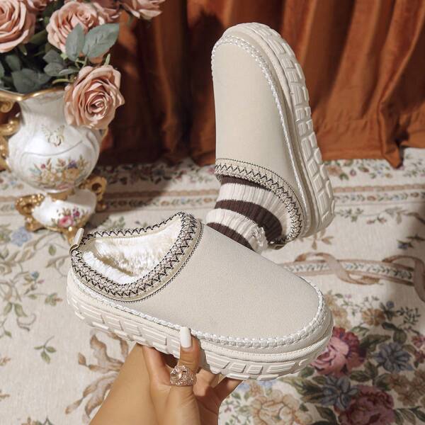 Women Ankle-Length Snow Boots, Solid Color Backless Clog Mules