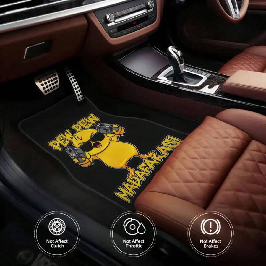 4 件装通用汽车脚垫，采用聚酯纤维制成，印有双手枪鸭图案，适用于各种天气条件下的车辆地板保护，是 SUV、卡车和轿车的完美礼物 - 均碼 - 查看 1