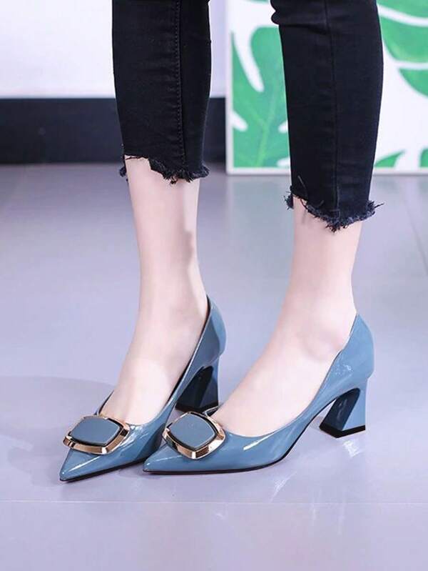 Pantofi cu toc înalt și vârf ascuțit pentru femei, toc gros, piele lăcuită, pantofi de serviciu/navetă, stil casual la modă, primăvară/toamnă