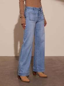 Women Wide Leg Jeans, Elegant High Waist Solid Loose Trousers With Pockets Streetwear - 淺色水洗藍 - 查看 6
