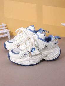 儿童厚底休闲运动鞋春秋季新款软底防滑女童运动鞋，男童透气跑步鞋带钩环，舒适男女通用校园学生宝宝网眼鞋 - 藍色 - 查看 5